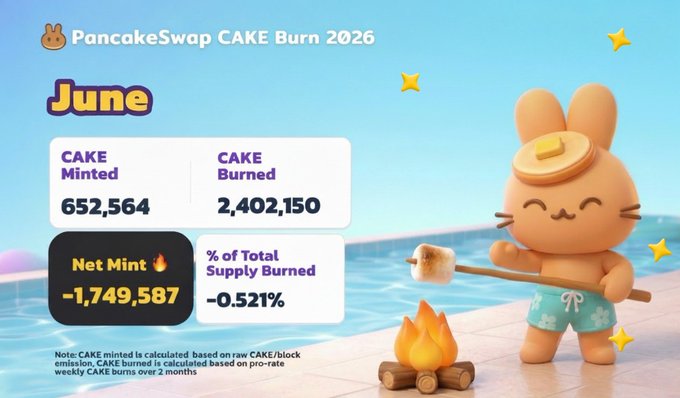 PancakeSwap CAKE Burn 2026 infographic for June, showing 652,564 CAKE minted and 2,402,150 CAKE burned, resulting in a Net Mint of -1,749,587 and -0.521% of total supply burned, illustrated with a cartoon bunny roasting a marshmallow over a fire.