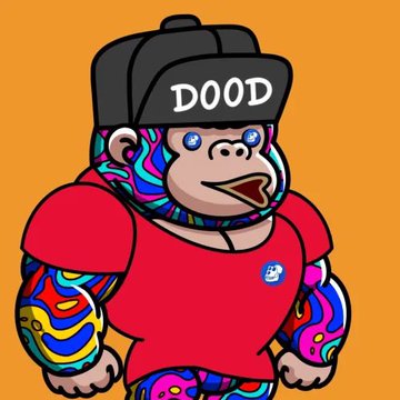 A cartoon monkey character wearing a black cap with "DOOD" text and a red shirt, featuring vibrant multicolored psychedelic patterns on its face and arms, displayed against an orange background. The image relates to the post as it showcases the Doodrillas NFT character, celebrating a new acquisition for the collector's NFT collection.