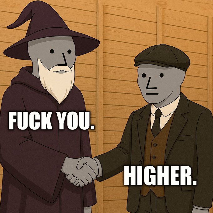 An animated meme showing two faceless characters—a wizard in purple robes and a man in a flat cap—shaking hands, with text reading 'FUCK YOU.' and 'HIGHER.'