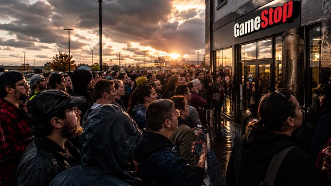 A large crowd of people gathers outside a GameStop store at sunset, with the iconic red and white "GameStop" sign prominently displayed above the entrance.

The image relates to the post by capturing the early 2021 GameStop frenzy, when retail investors and curious onlookers physically flocked to GameStop locations amid the meme stock surge.