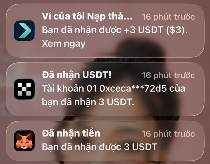A Vietnamese-language screenshot showing multiple crypto-related notifications claiming the user received 3 USDT, with timestamps reading '16 phút trước' (16 minutes ago), displayed over a blurred background of a person's face.