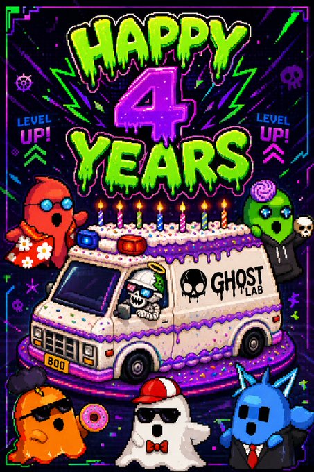 A neon-styled "HAPPY 4 YEARS" anniversary graphic featuring a "GHOST LAB" themed birthday cake shaped like an ambulance, flanked by "LEVEL UP!" text and various cartoon ghost/character figures.