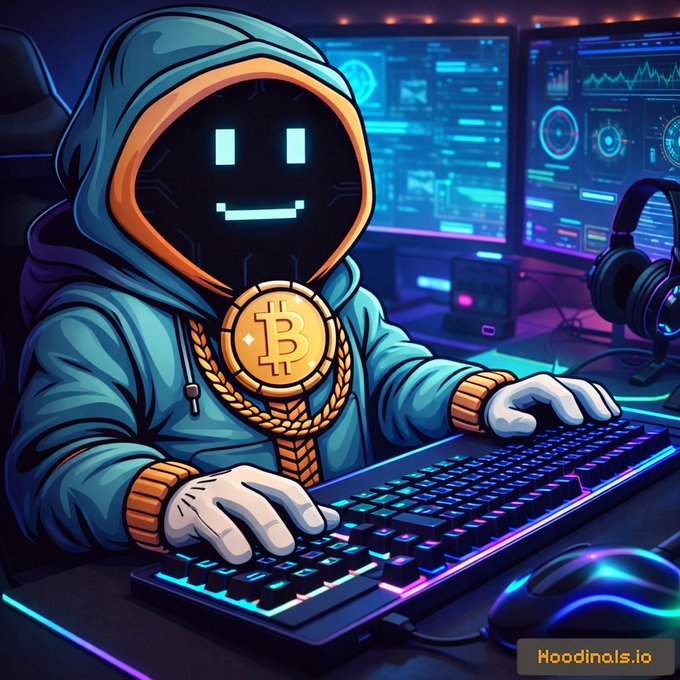 The image features a cartoon character wearing a blue hoodie with an orange hood, sitting at a computer desk typing on a keyboard while smiling. The character also has a gold coin around their neck. The background of the image shows multiple computer monitors displaying various data or screens.