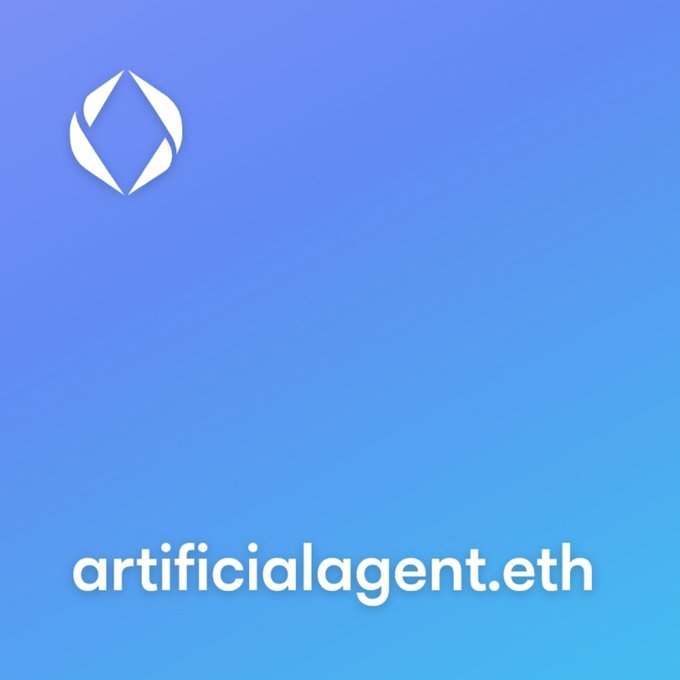 A graphic displays a white geometric logo and the text 'artificialagent.eth' against a blue gradient background.