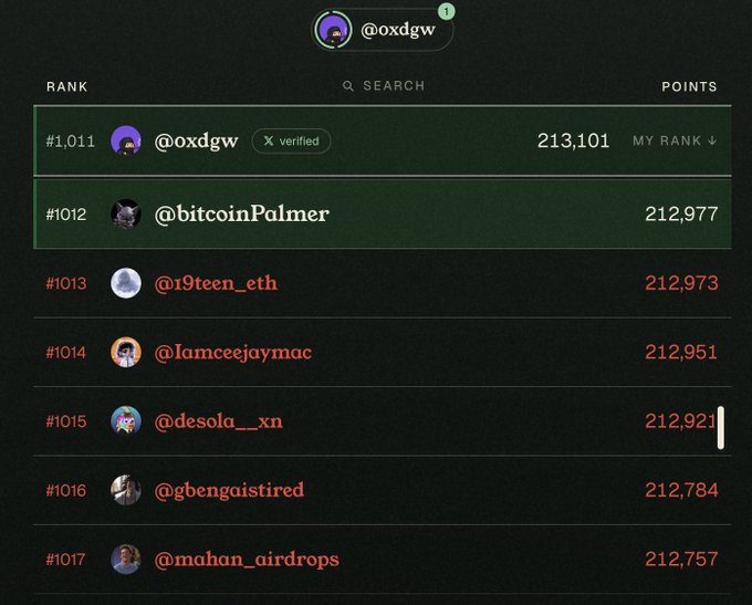A dark-themed crypto leaderboard screenshot showing user @oxdgw ranked #1,011 with 213,101 points, alongside other ranked users including @bitcoinPalmer, @19teen_eth, @iamceejaymac, @desola__xn, @gbengaistired, and @mahan_airdrops.