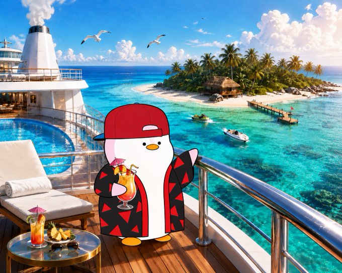 A cartoon penguin wearing a red cap and black floral shirt holds a tropical cocktail on a luxury yacht deck, overlooking a turquoise ocean and a tropical island.