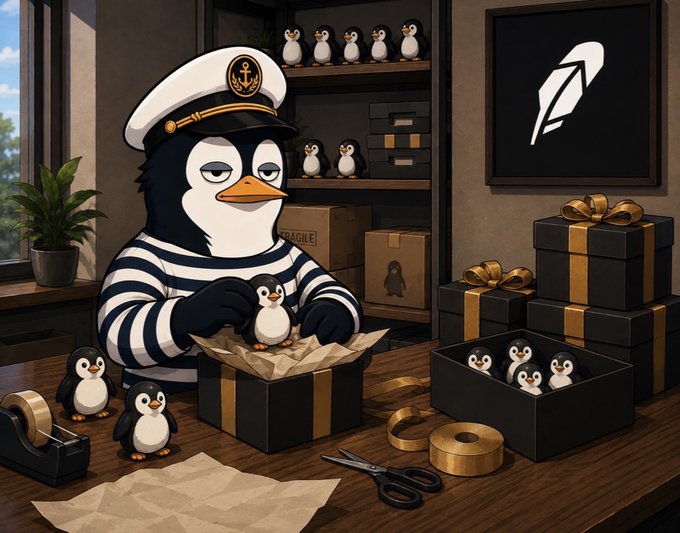 An illustration shows a penguin in a sailor hat and striped shirt wrapping penguin figurines as gifts, with a pen/quill logo on the wall.