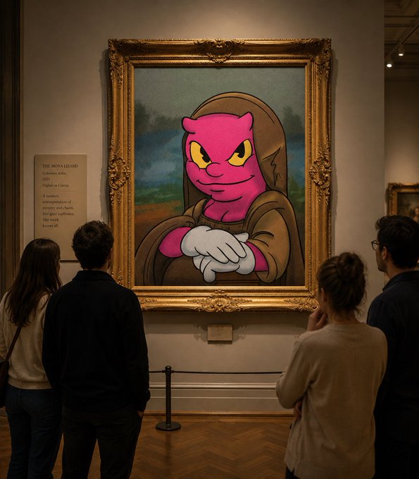 Museum visitors stand before a large ornate gold-framed painting depicting a pink cartoonish lizard-like figure wearing a monk's robe with folded hands, titled "THE MONA LIZARD" with an accompanying plaque referencing Leonardo da Vinci.

The image humorously connects to the tweet by substituting a pink "lizard" character (likely referencing a crypto figure) into the iconic Mona Lisa painting, playfully alluding to the social dynamics mentioned in the post.
