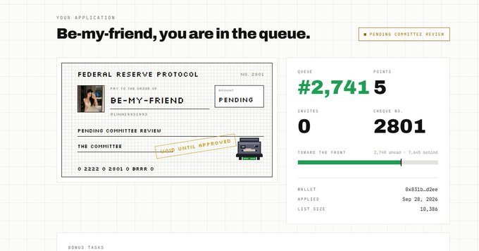 A digital interface displays a 'FEDERAL RESERVE PROTOCOL' check made out to 'BE-MY-FRIEND' with text stating 'Be my-friend, you are in the queue.' and queue position #2,741.