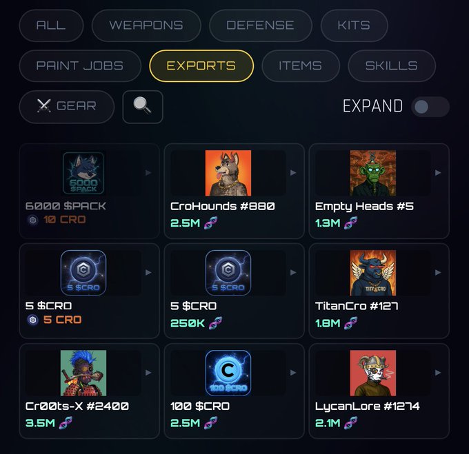 A marketplace interface showing an 'EXPORTS' category with various NFT items priced in CRO tokens, including '6000 $PACK' (10 CRO), 'CroHounds #080' (2.5M), and 'EmptyHeads #5' (1.3M).