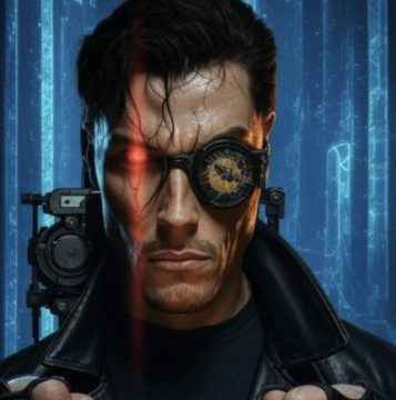 A man in a black leather jacket with a damaged lens over his right eye, featuring a red laser light, set against a blue, code-like background.