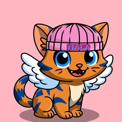 A cartoon orange tabby cat with white angel wings wearing a pink beanie with 'NALA' written on it, set against a pink background.