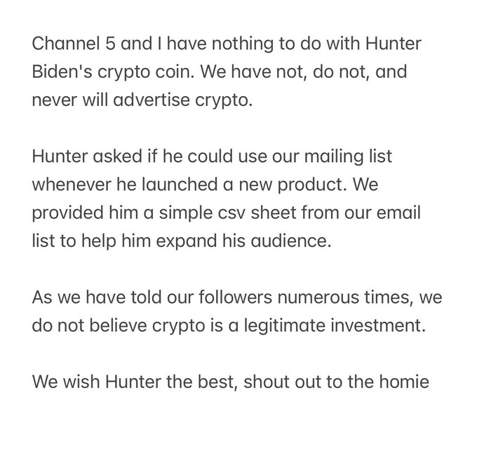 A screenshot of a statement clarifying that Channel 5 and the speaker have no involvement with Hunter Biden's crypto coin, but they did provide him a CSV file of their email mailing list to help expand his audience, while maintaining their stated position that crypto is not a legitimate investment. The accompanying post criticizes this disclosure as a betrayal of subscriber trust.