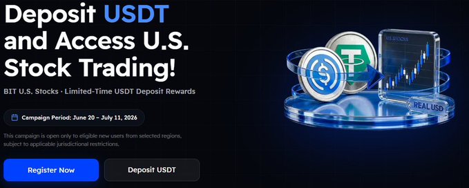 A promotional banner from BIT U.S. Stocks advertises a "Deposit USDT and Access U.S. Stock Trading!" campaign, running from June 20 to July 11, 2026, with a "Register Now" button and a "Deposit USDT" button. The image visually reinforces the post's offer of $0 commission trading and rewards by showing USDT coins alongside a U.S. stock chart displayed on a digital device, symbolizing direct crypto-to-stock trading.