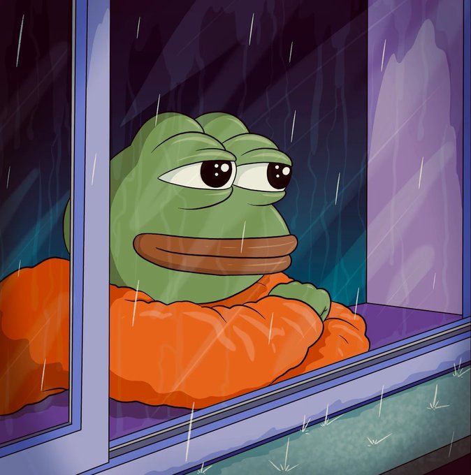 An illustration of Pepe the Frog sitting behind a window, wearing an orange sweater, with a sad expression as rain falls outside.