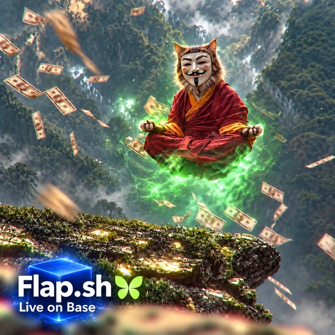 A promotional image for Flap.sh featuring an anthropomorphic cat-like figure in a meditation pose surrounded by floating money and green energy, with text reading 'Flap.sh Live on Base'.