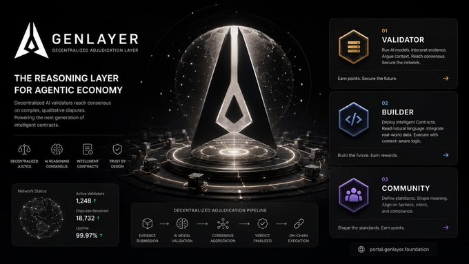 GenLayer promotional graphic showcasing 'The Reasoning Layer for Agentic Economy' with validator, builder, and community roles displayed.
