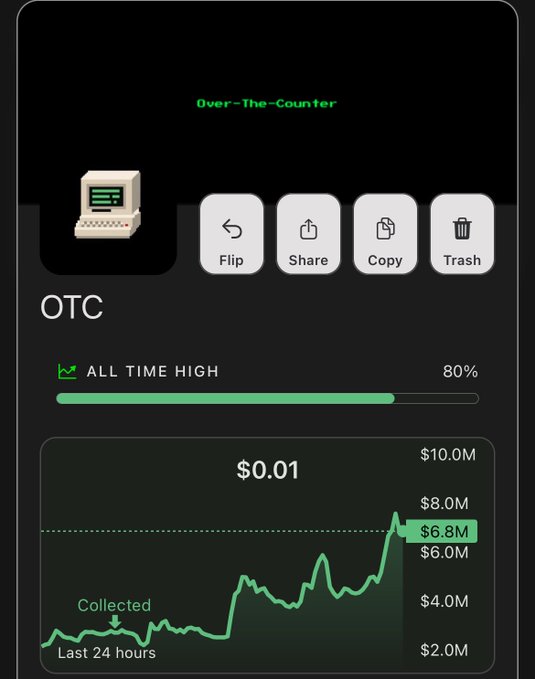 An 'OTC' (Over-The-Counter) token screen showing a price of $0.01, a market cap near $6.8M, and 'ALL TIME HIGH' progress at 80% with a green price chart.