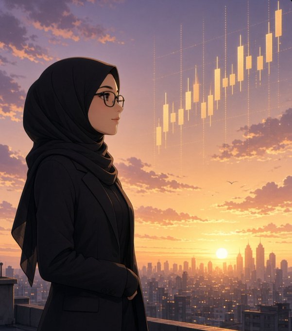 A digital illustration of a woman wearing a black hijab and blazer standing on a rooftop at sunset, with a candlestick trading chart overlay and a city skyline in the background.