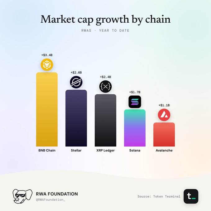A bar chart titled "Market cap growth by chain" ranks RWAs year-to-date by market cap gains, showing BNB Chain leading at +$3.4B, followed by Stellar (+$2.6B), XRP Ledger (+$2.4B), Solana (+$1.7B), and Avalanche (+$1.1B). The visualization, sourced from Token Terminal and shared by RWA Foundation, illustrates the post's highlight of BNB Chain's dominance in RWA market cap growth alongside Stellar and XRP Ledger's strong performance.