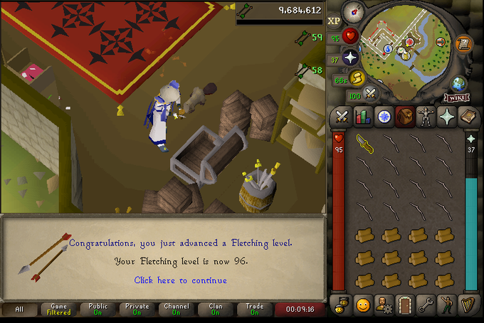 The image shows a RuneScape character who just advanced their Fletching skill to level 96, with the interface displaying the announcement "Congratulations, you just advanced a Fletching level. Your Fletching level is now 96." This relates to the post's message of "3 more to go," indicating the player is just 3 levels away from the maximum level 99 Fletching skill.
