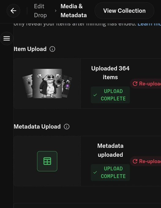 A dark-themed NFT collection upload interface showing 'Item Upload' complete with 364 items (featuring a panda in a tuxedo) and 'Metadata Upload' also marked complete, with 'Edit Drop', 'Media & Metadata', and 'View Collection' buttons at the top.