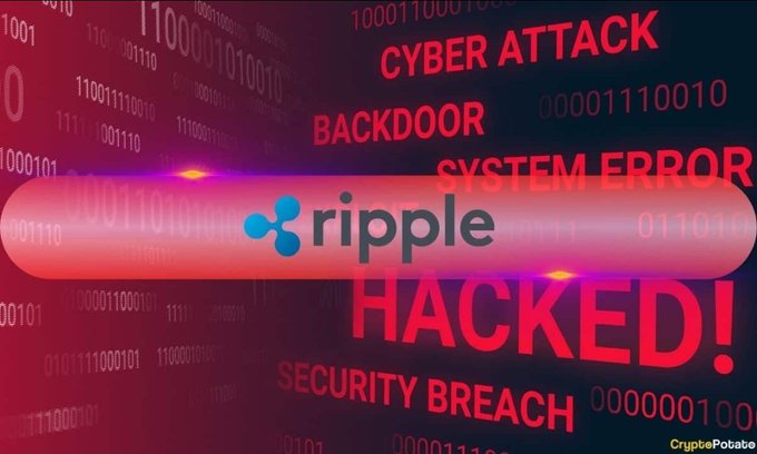 A graphic with red tones displaying binary code and warning text including 'CYBER ATTACK', 'BACKDOOR', 'SYSTEM ERROR', 'HACKED!', and 'SECURITY BREACH' surrounding the Ripple logo.
