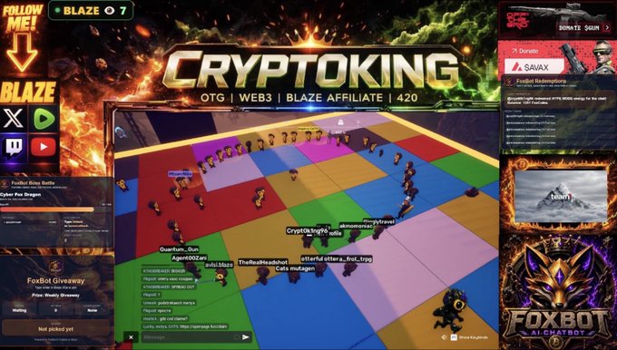 A busy livestream screenshot titled "CRYPTOKING" showing a colorful checkered virtual world game with player avatars, surrounded by chat boxes, social media icons, a "SAVAX" banner, and "FOXBOT AI CHATBOT" promotional graphics.