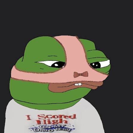 A dejected Pepe the Frog wearing a "I Scored High on My Drug Test" shirt stares blankly, humorously implying that anyone trying to apply technical analysis to volatile memecoins must be on drugs. The image's weary expression and the shirt's message poke fun at the seemingly irrational nature of analyzing unpredictable meme-based cryptocurrencies.