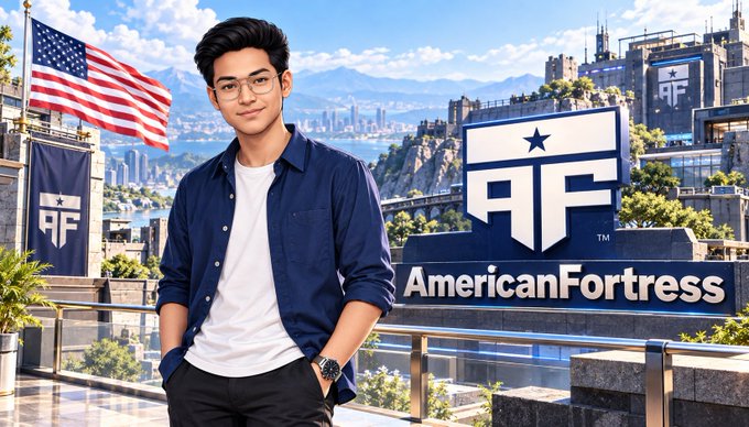 An AI-generated image of a young man in glasses standing before a cityscape with an American flag and an "AmericanFortress" logo/sign.