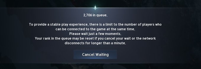 A video game queue screen displays '2,706 in queue' with a message explaining server capacity limits and offering a 'Cancel Waiting' button.