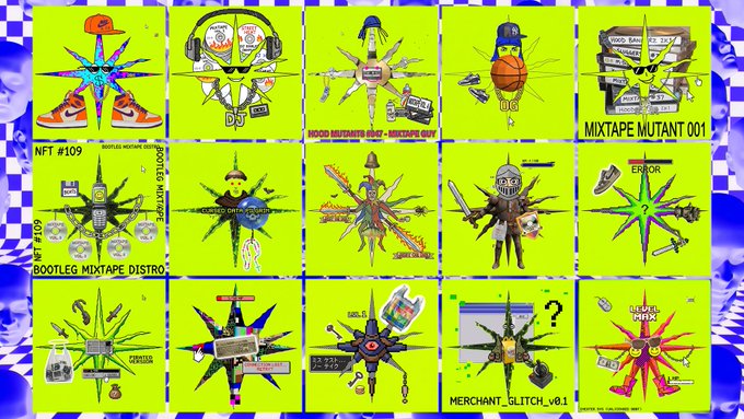 A grid of 15 vibrant, neon-green digital NFT artworks featuring collages of pop culture items, characters, and abstract starburst designs with labels like 'BOOTLEG MIXTAPE DISTRO' and 'MERCHANT GLITCH v0.1'.