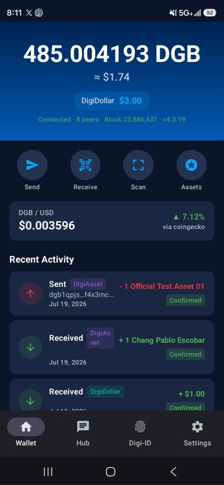 A DigiByte wallet mobile app screen showing a balance of 485.004193 DGB (~$1.74) with $3.00 DigiDollar, DGB/USD price at $0.003596 (+7.12%), and recent activity including a sent transaction and received DigiAssets.