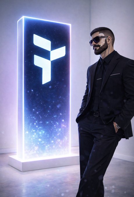 The image features a man dressed in a suit standing next to a neon sign that says "Y". The man appears to be posing for a photo or attending an event related to cryptocurrency, as suggested by the presence of the neon sign.
