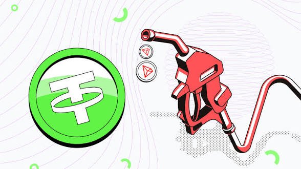 A graphic illustration showing a green Tether (USDT) coin next to a red fuel pump nozzle against a white background with green accents.