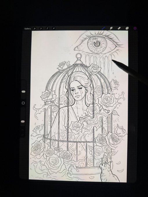 A digital sketch on a tablet screen showing a detailed pencil drawing of a woman in a birdcage surrounded by roses, with a large eye above and a cat below.