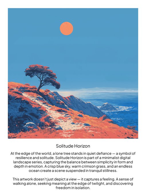 A digital art poster titled 'Solitude Horizon' showing a lone tree on crimson cliffs under a blue sky with an orange sun, accompanied by descriptive text about resilience and stillness.