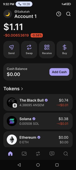 A mobile cryptocurrency wallet app shows an account balance of $1.11 with tokens for The Black Bull ($0.74), Solana ($0.38), and Ethereum ($0.00).
