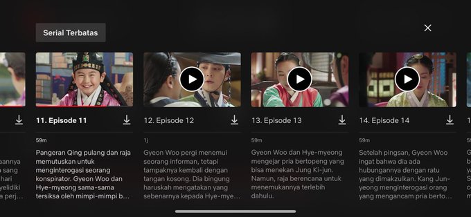 Screenshot of a streaming service interface labeled 'Serial Terbatas' showing episode selections (Episodes 11-14) of a Korean historical drama with Indonesian language descriptions and download buttons.