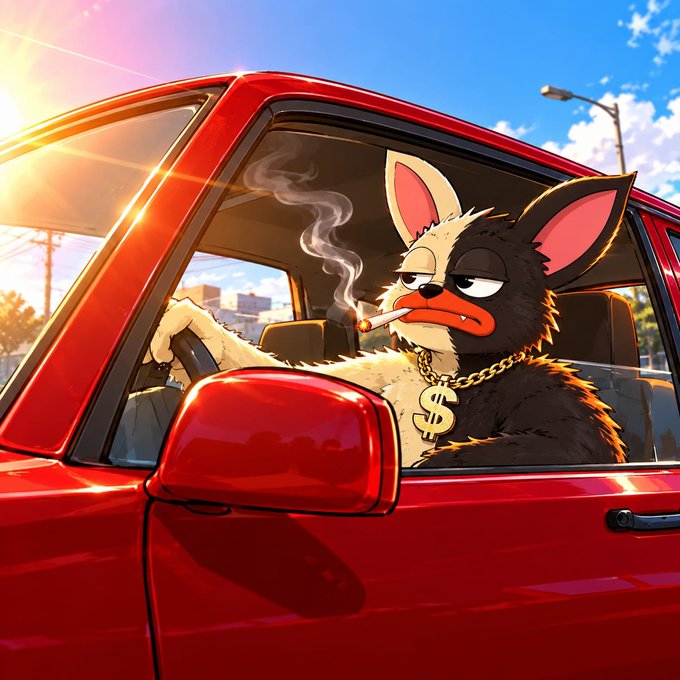 An animated furry character with black and tan fur, wearing a gold dollar sign chain, smokes a cigarette while sitting in the driver's seat of a red car.