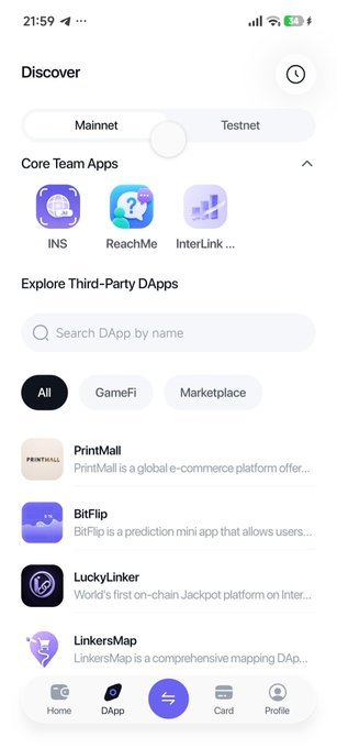A screenshot of a mobile app interface titled 'Discover' showing a list of Core Team Apps (INS, ReachMe, InterLink) and Explore Third-Party DApps including PrintMall, BitFlip, LuckyLinker, and LinkersMap.