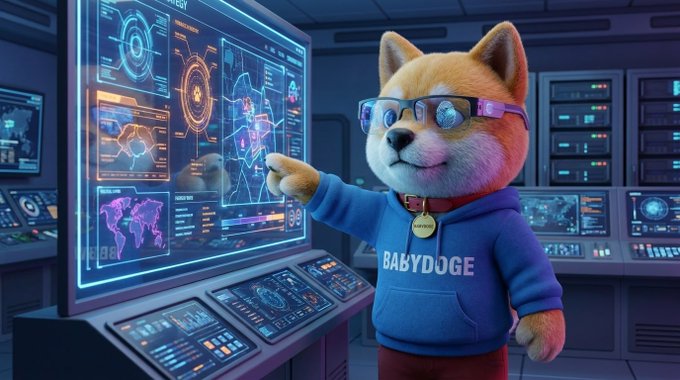 A cute Shiba Inu character wearing a blue "BABYDOGE" hoodie and futuristic glasses points confidently at a large, glowing control panel filled with advanced charts, a world map, and various data readouts inside a high-tech cockpit.

The image ties into the post's playful quiz by depicting the pup as option A — the master strategist, calmly analyzing data and "planning every move" from the command center. 🐕📊