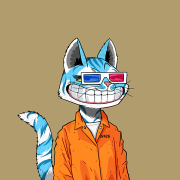A cartoon illustration of a grinning blue-and-white striped cat wearing red-blue 3D glasses and an orange prison jumpsuit with the number '416226' on it.