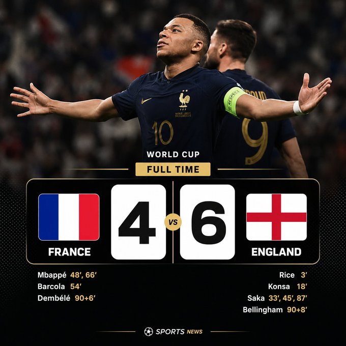 Full time graphic showing France 4 - 6 England World Cup match, featuring Mbappé celebrating with a goals list including Rice, Saka, and Bellingham.