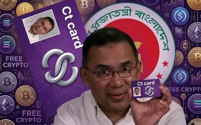 A composite image featuring a man holding a purple 'Ct card', with a large version of the same card showing a photo of a different man, the Bangladesh Bank logo, and a background filled with various cryptocurrency coins and 'FREE CRYPTO' text.