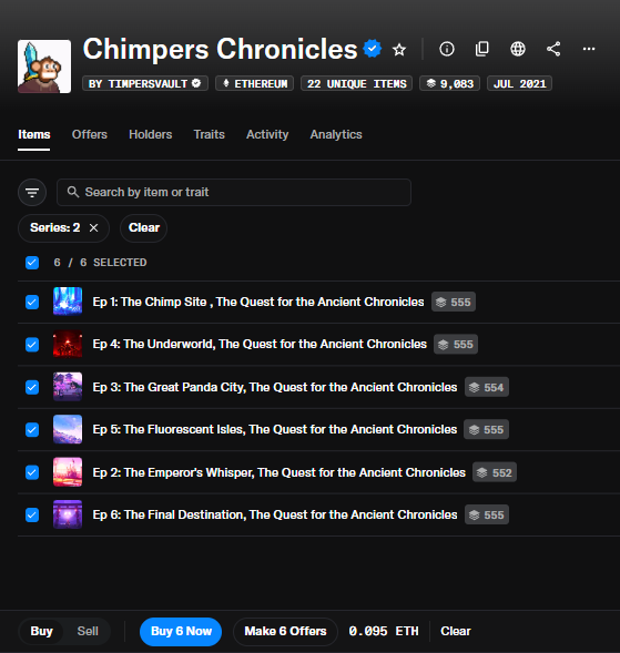 A NFT marketplace listing page for 'Chimpers Chronicles' by TIMPERVAULT on Ethereum, showing 22 unique items with 6 selected episodes priced at 0.095 ETH.