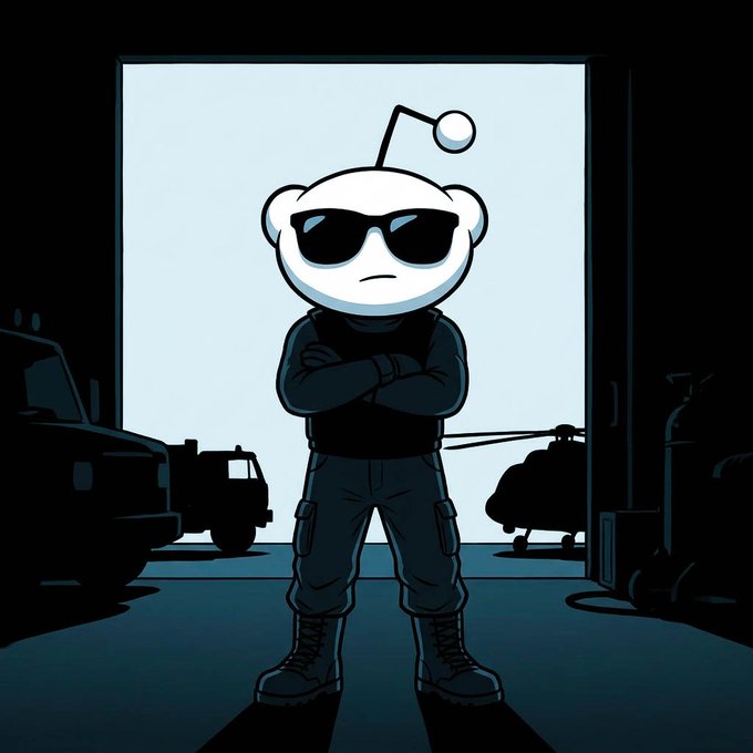A cartoon-style white character with a round head, antenna, sunglasses, and crossed arms stands confidently in a garage with vehicles and a helicopter silhouetted in the background.