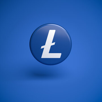A glossy blue circular badge displays the white Litecoin "Ł" symbol against a matching blue gradient background.