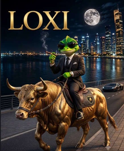 The image shows an anthropomorphic green frog dressed in a black suit with sunglasses, holding a cigar and riding a golden bull, with the text "LOXI" displayed prominently above and a moonlit city skyline in the background. This visual reinforces the post's bullish sentiment on $LOXI by combining symbols of wealth and power—the gold bull representing a market surge, the cigar-smoking frog exuding confidence, and the nighttime urban backdrop suggesting untapped potential—as the poster claims the token is still undervalued despite its Robinhood listing.