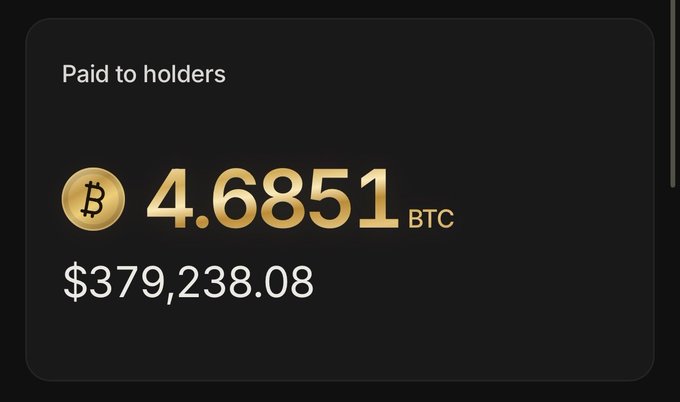 A dark dashboard panel shows 'Paid to holders' of 4.6851 BTC, equivalent to $379,238.08.